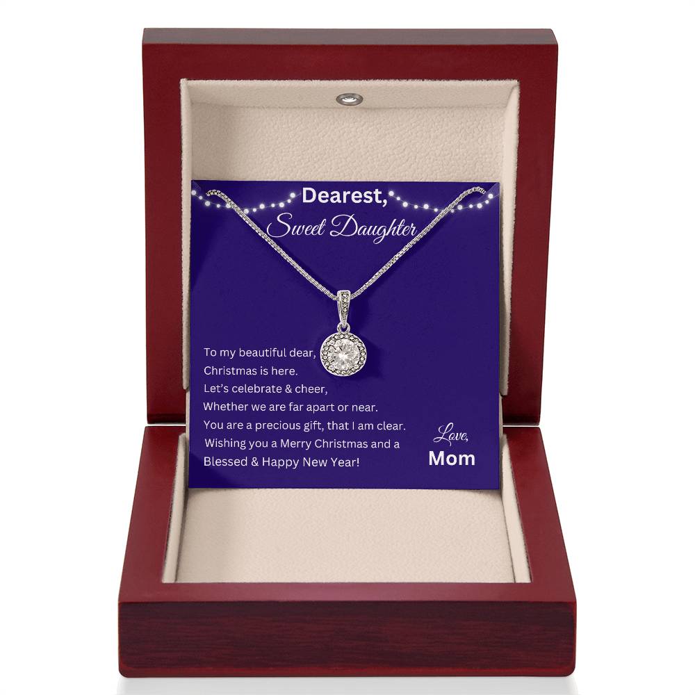 Eternal Hope Necklace in Polished Stainless Steel Over 14 K White Gold Finish In Luxury Box With Christmas Message Vertical And Showing LED Spotlight