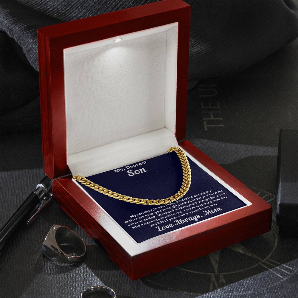 Son gift from mom with cuban link chain and special message in luxury box with LED on