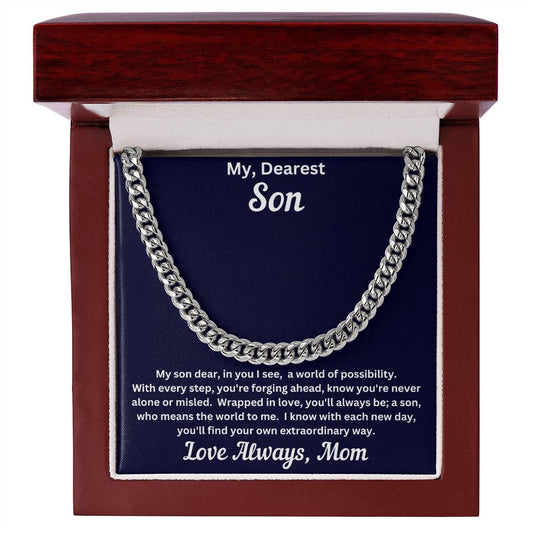 Son gift from mom with cuban link chain and special message in luxury box