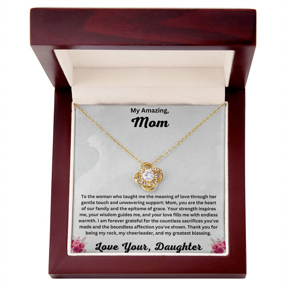 Mom gift from daughter with love knot necklace and special message in luxury box