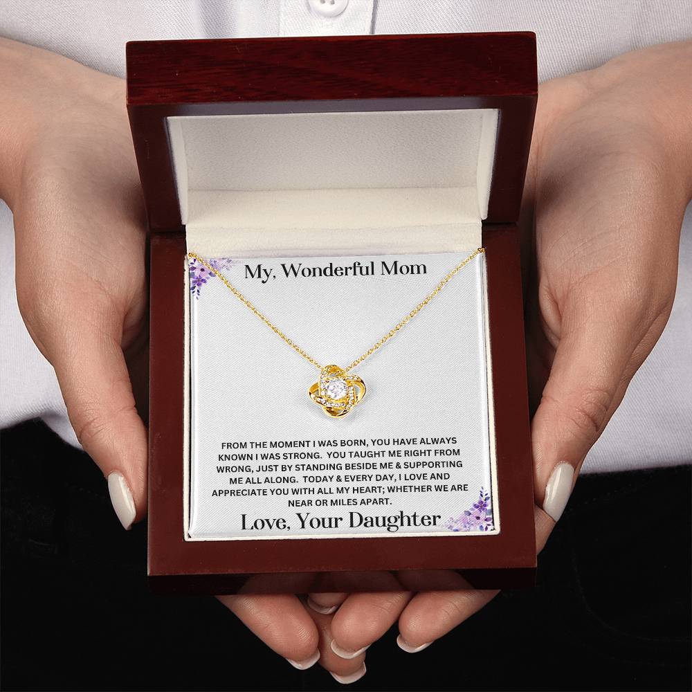 Mom gift from daughter with love knot necklace and special message in luxury box