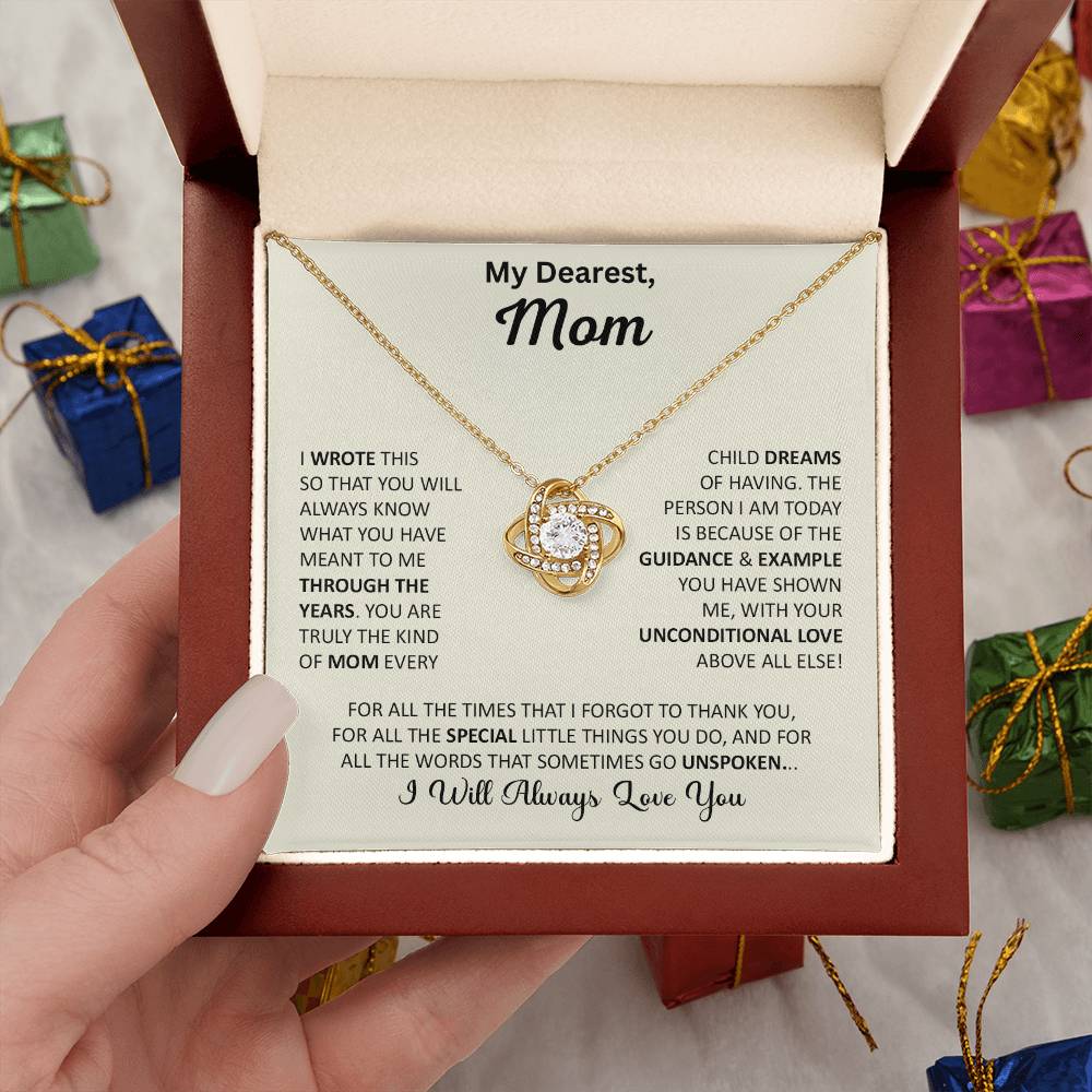 Mom gift with love knot necklace and special message in luxury box