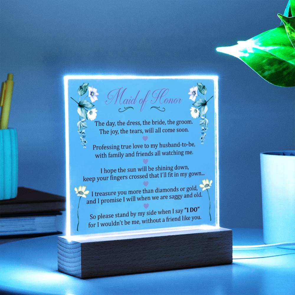 Gift For Maid Of Honor With Square Acrylic With Wooden Base And Built In LED Lights In White