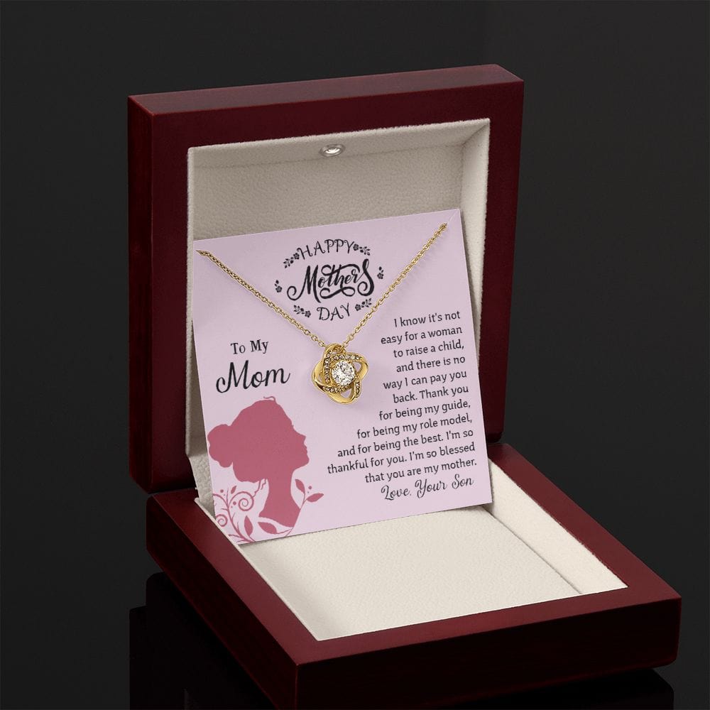 Love Knot Necklace In 18K Yellow Gold Finish With Mother's Day Message In Luxury Box With LED Another Angle