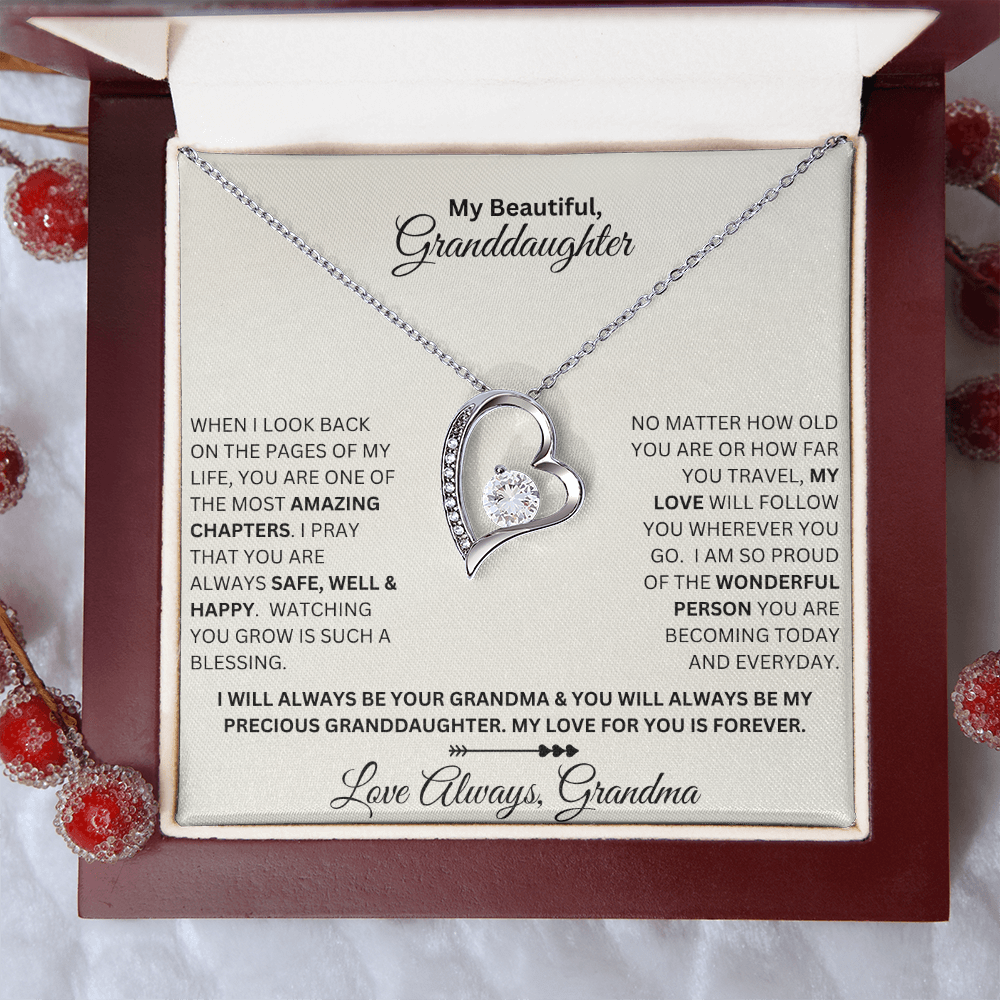 Granddaughter gift from grandma with forever love necklace and special sentiment in a luxury box