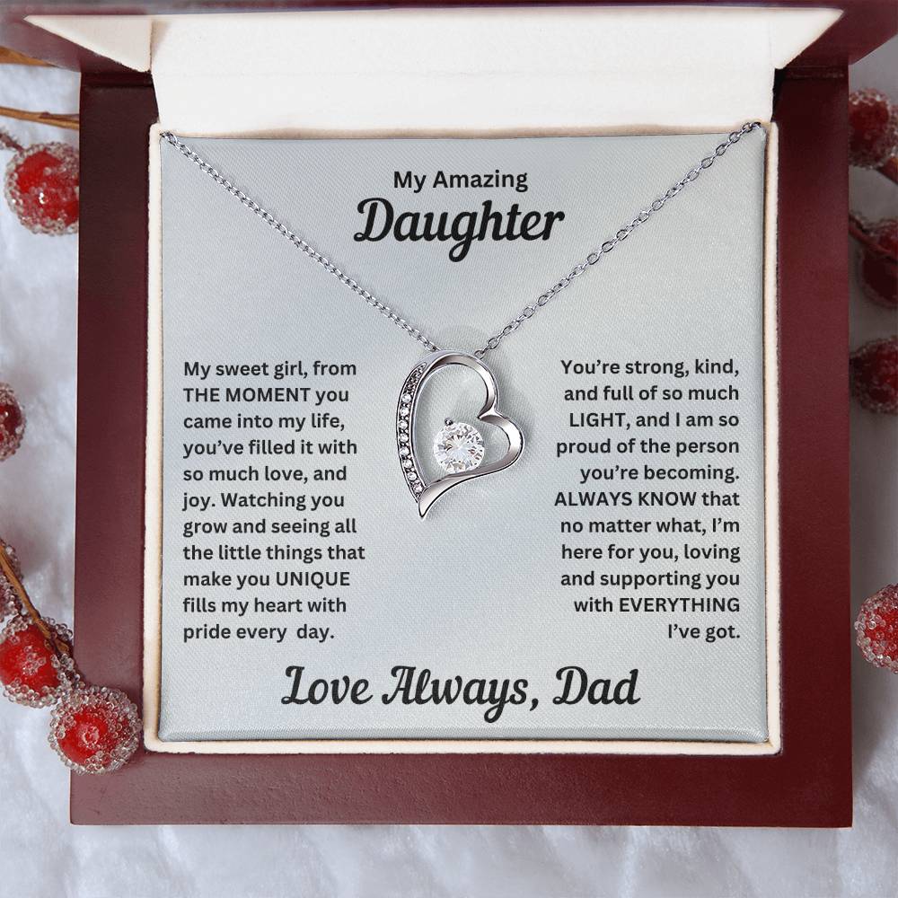 Dad to gift to daughter with Forever Love necklace and special sentiment in a luxury box with props