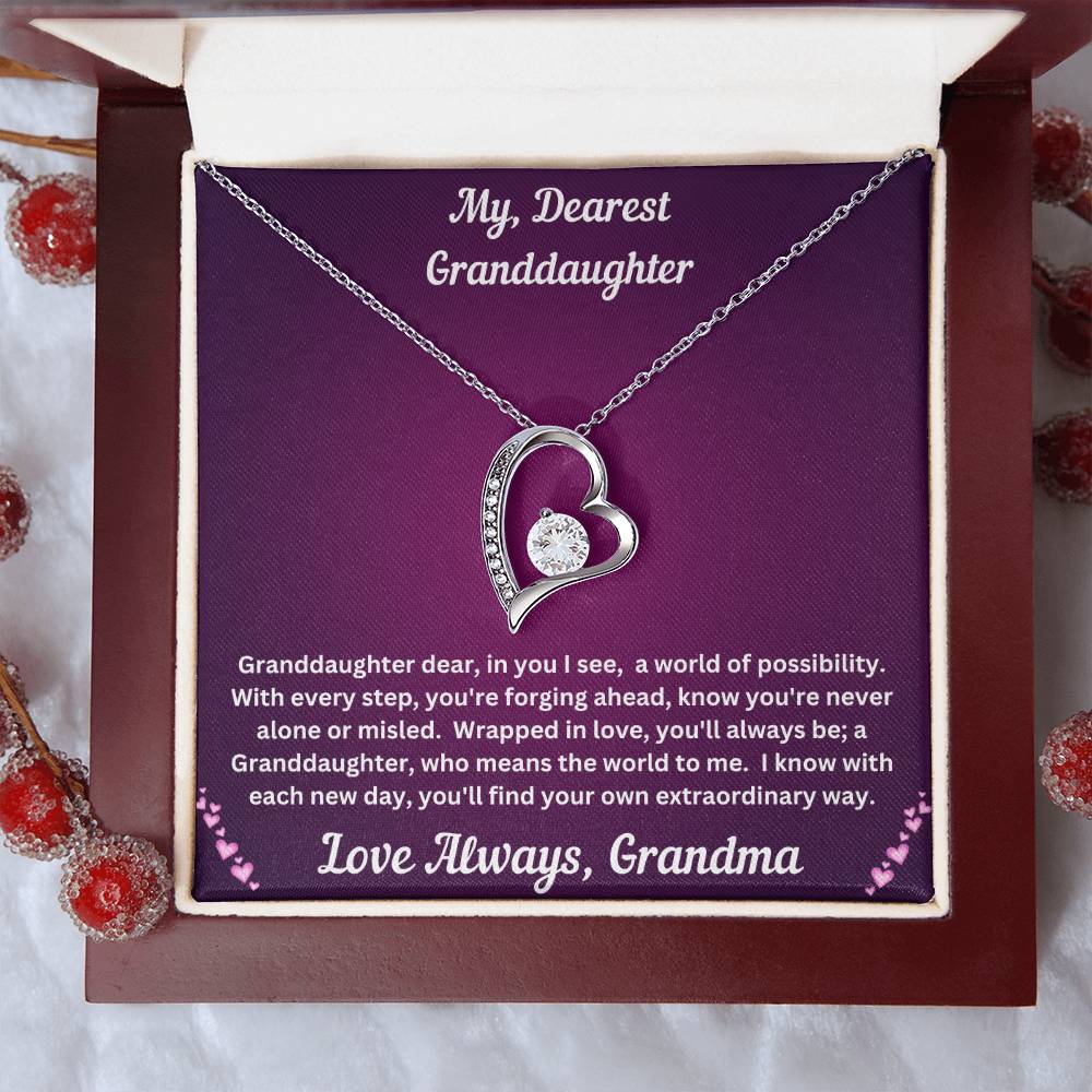 Granddaughter gift from grandma with forever love necklace and special message in luxury box with props