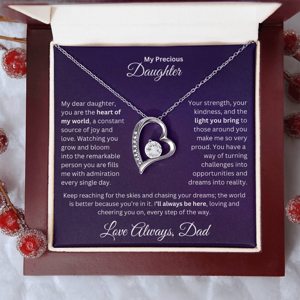 Dad to Daughter gift with forever love necklace and special message in a luxury box with holiday props