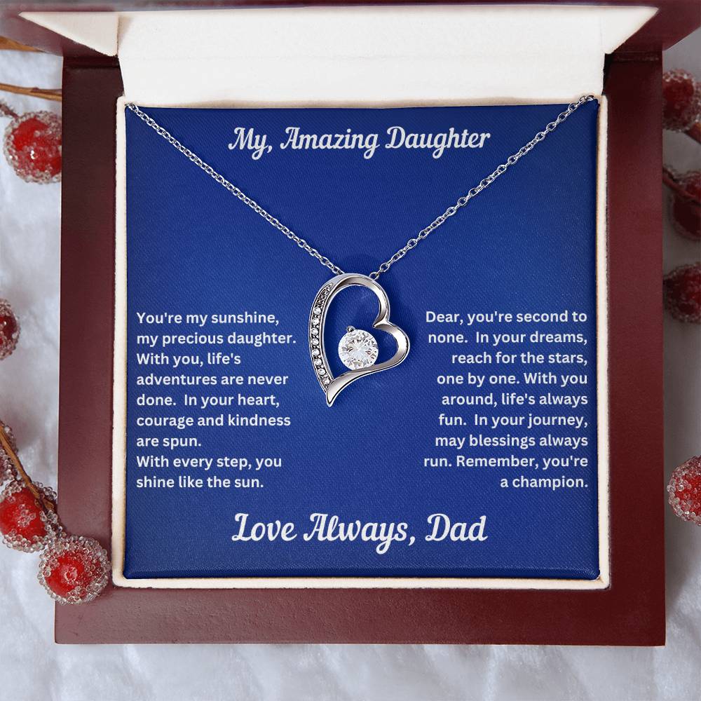 Daughter gift from dad with forever love necklace and unique message in a luxury box with props