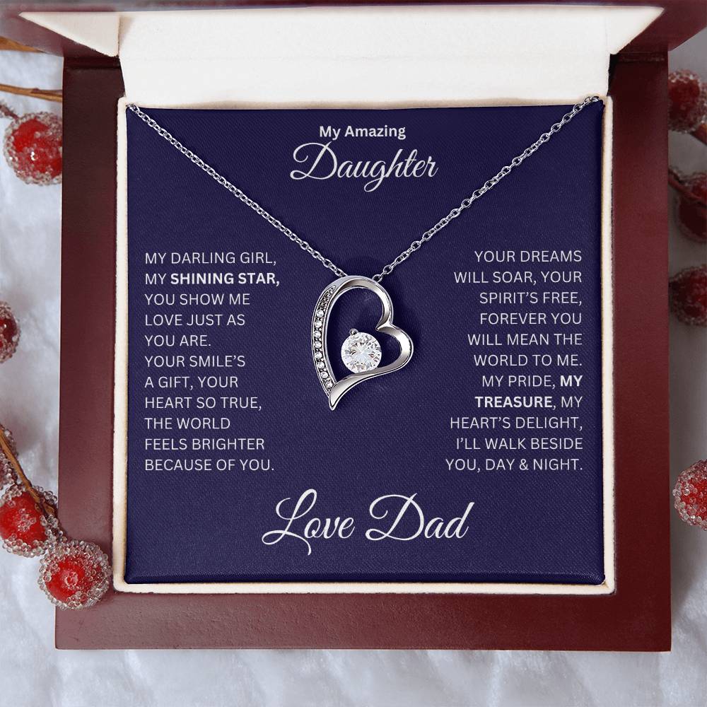 Daughter gift from dad with a Forever Love necklace and special message in a standard box with Christmas props