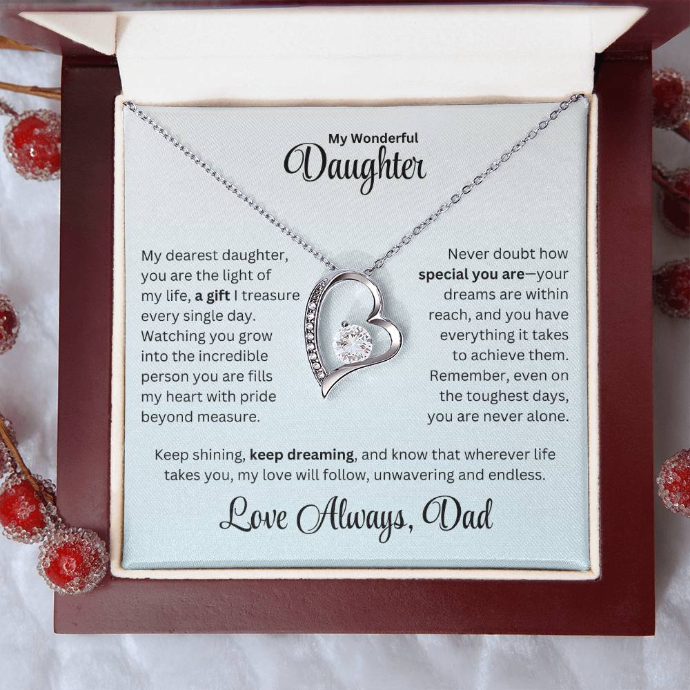 Daughter gift from dad with forever love necklace and special message in a luxury box with props