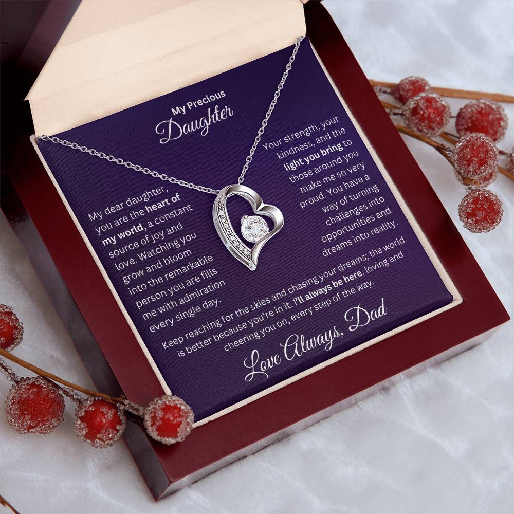 Dad to Daughter gift with forever love necklace and special message in a luxury box with holiday props