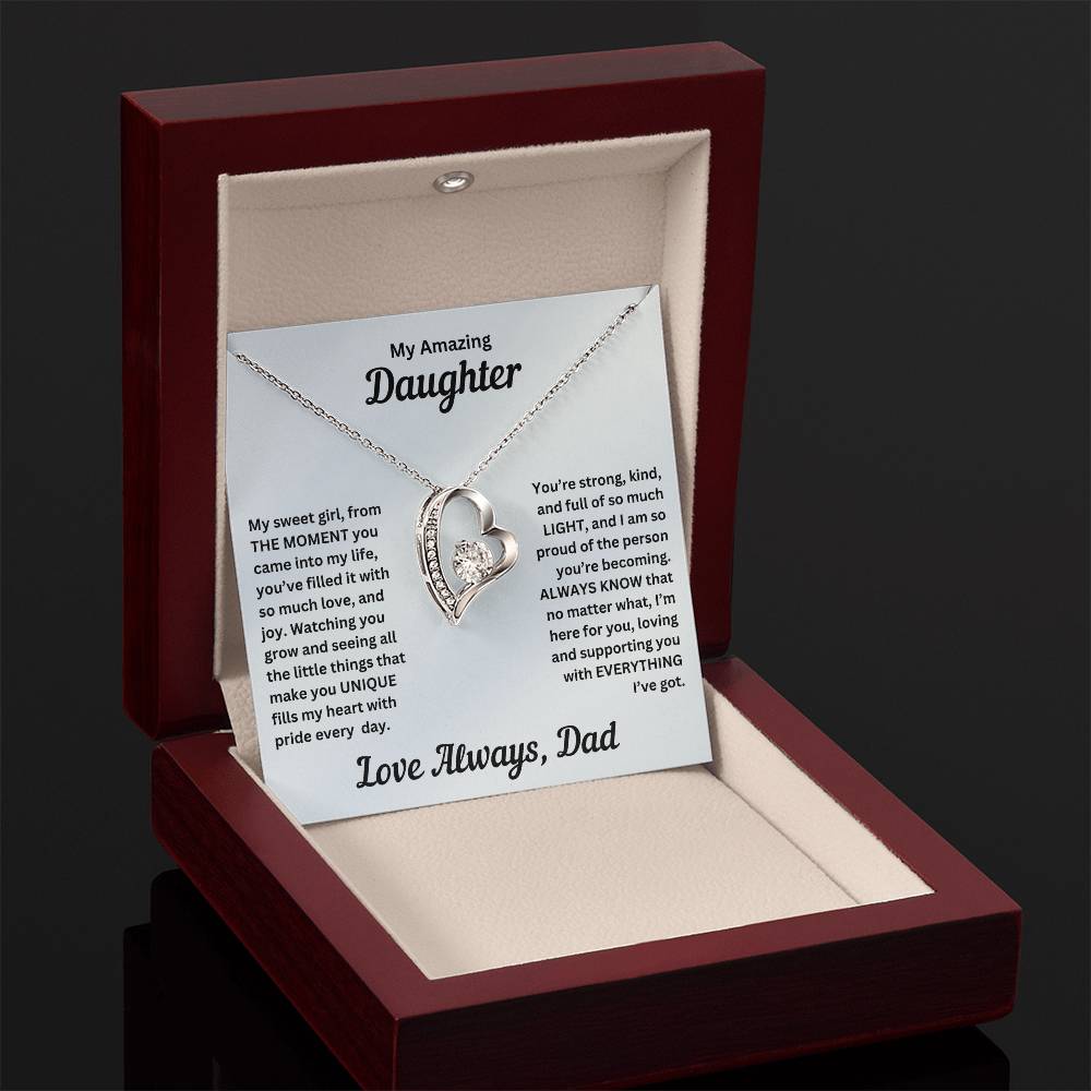 Dad to gift to daughter with Forever Love necklace and special sentiment in a luxury box with LED on