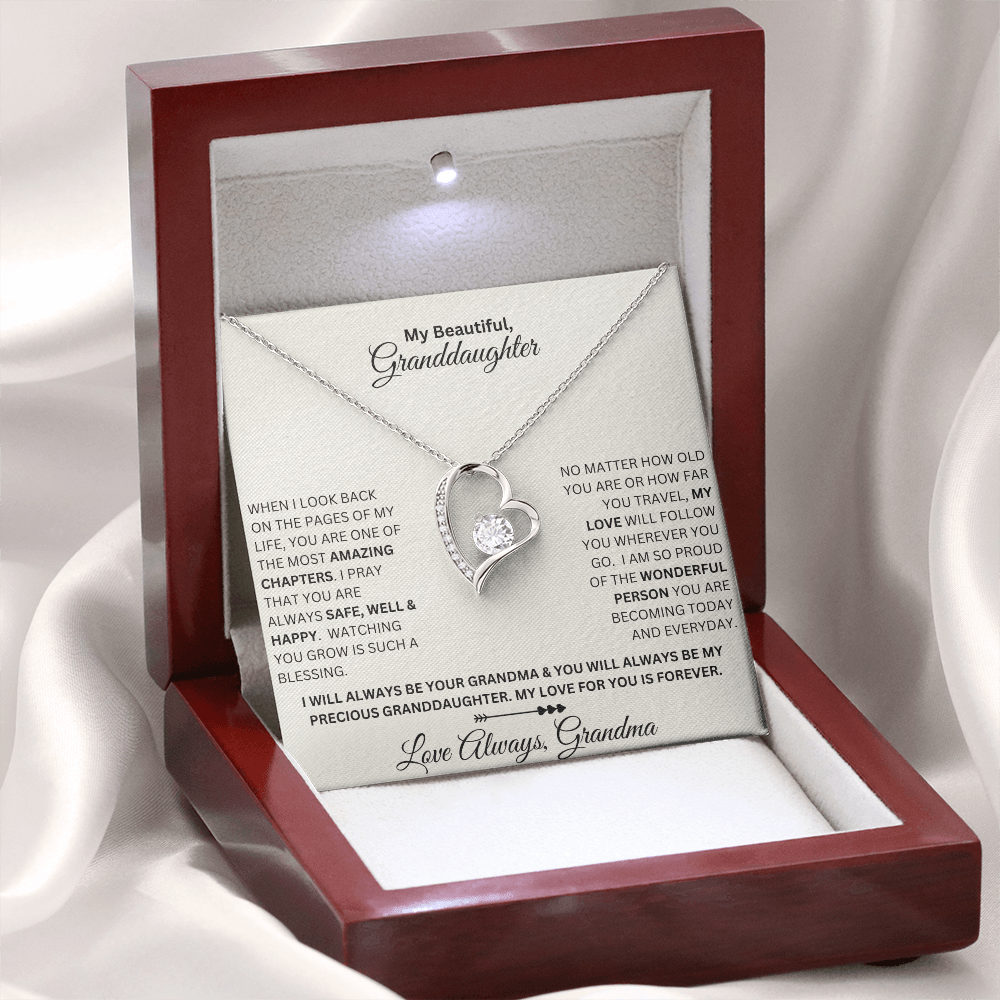 Granddaughter gift from grandma with forever love necklace and special sentiment in a luxury box with LED spotlight