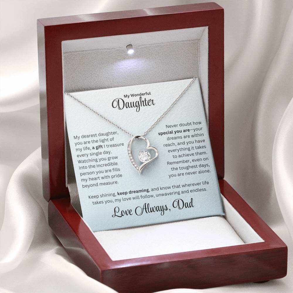 Daughter gift from dad with forever love necklace and special message in a luxury box with LED on