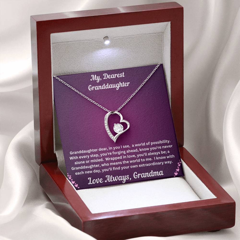 Granddaughter gift from grandma with forever love necklace and special message in luxury box with LED spotlight on