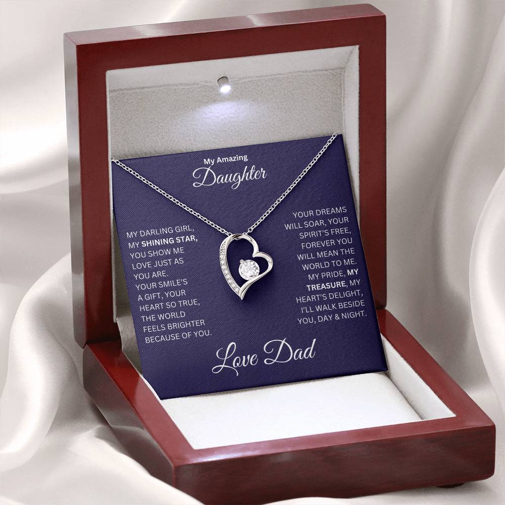 Daughter gift from dad with a Forever Love necklace and special message in a luxury box with LED on