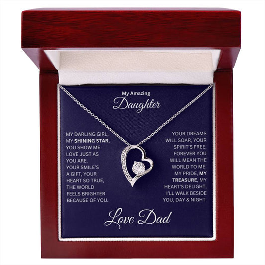 Daughter gift from dad with a Forever Love necklace and special message in a lucury box