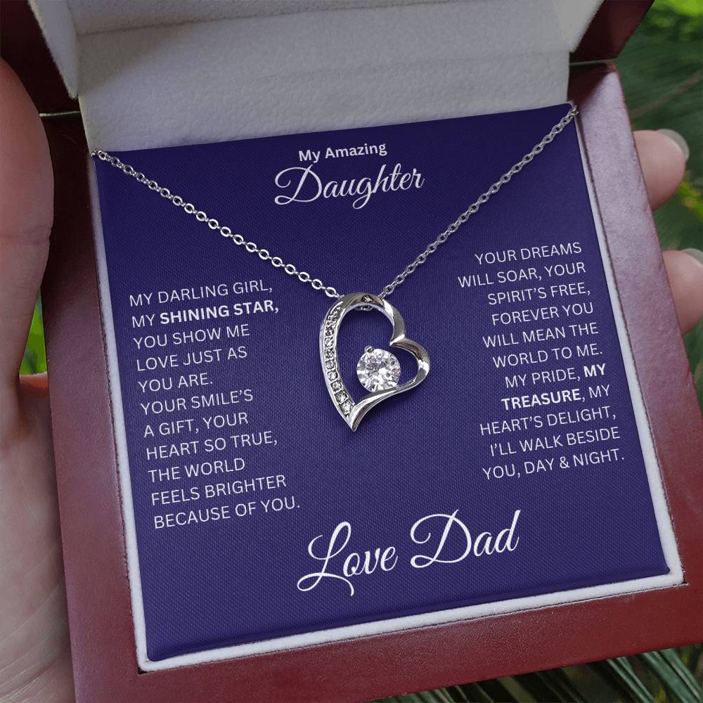 Hand holding Daughter gift from dad with a Forever Love necklace and special message in a luxury box