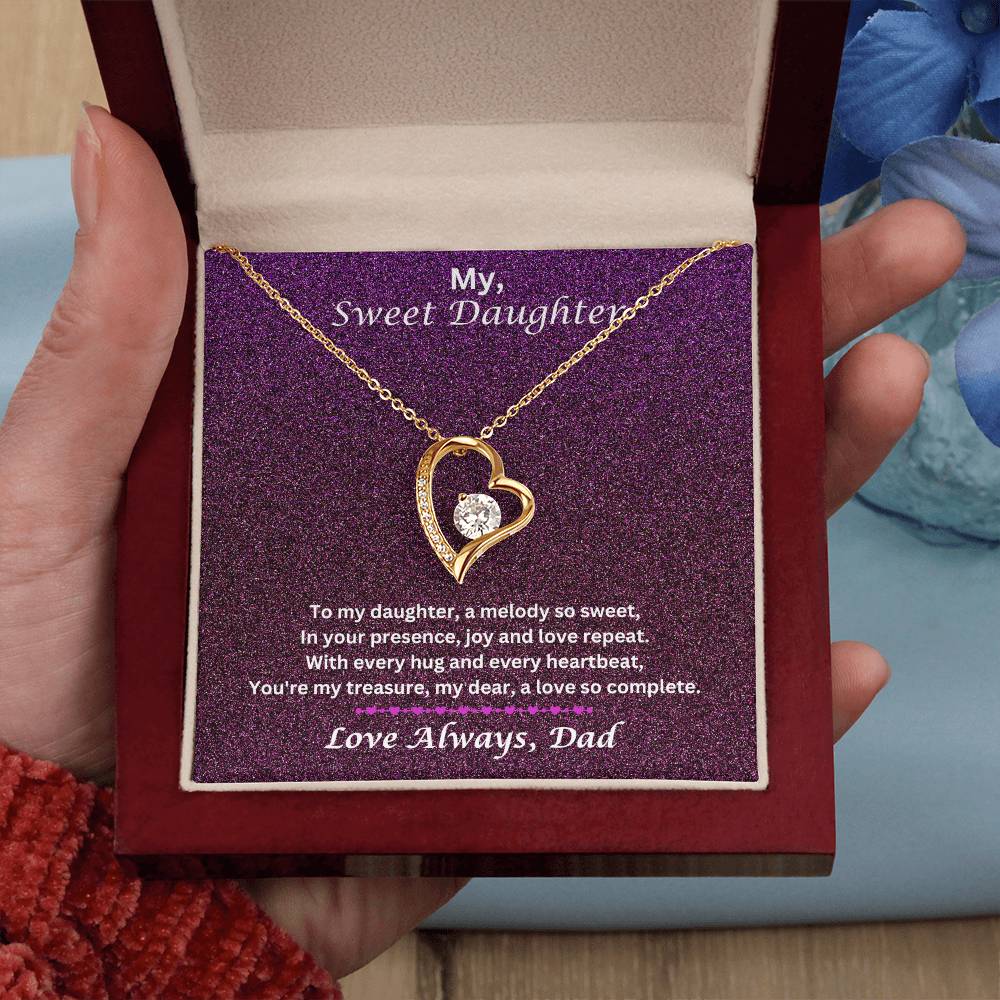 Hand Holding Daughter Gift From Dad With Forever Love Necklace WIth Message In Luxury Box WIth LED