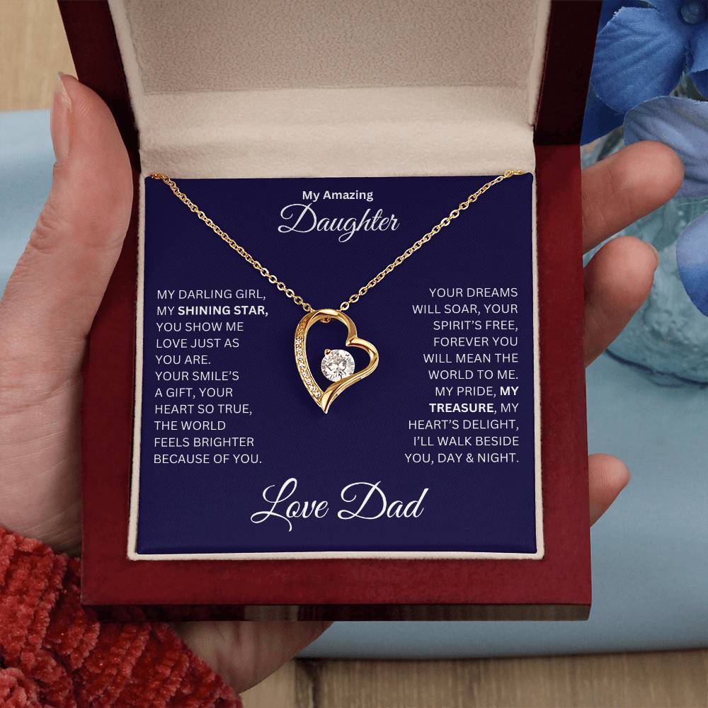 Hand holding Daughter gift from dad with a Forever Love necklace and special message in a luxury box