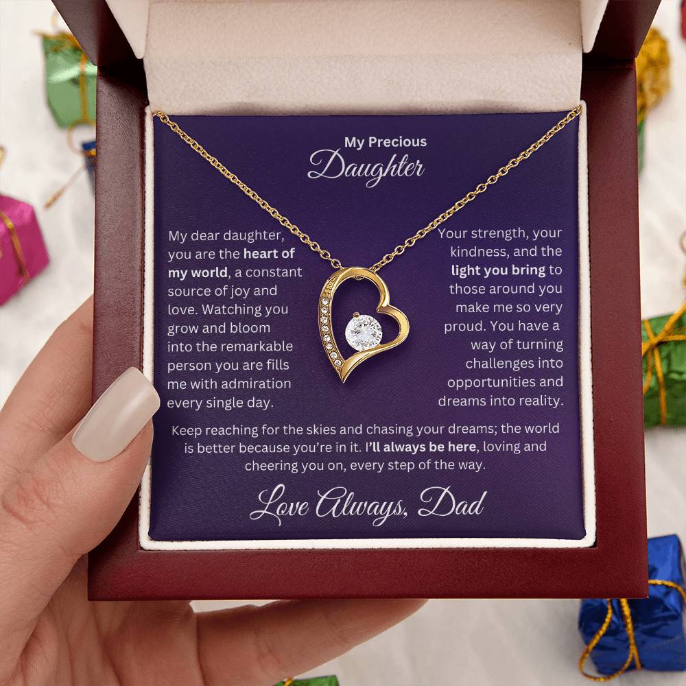 Hand holding Dad to Daughter gift with forever love necklace and special message in a luxury box