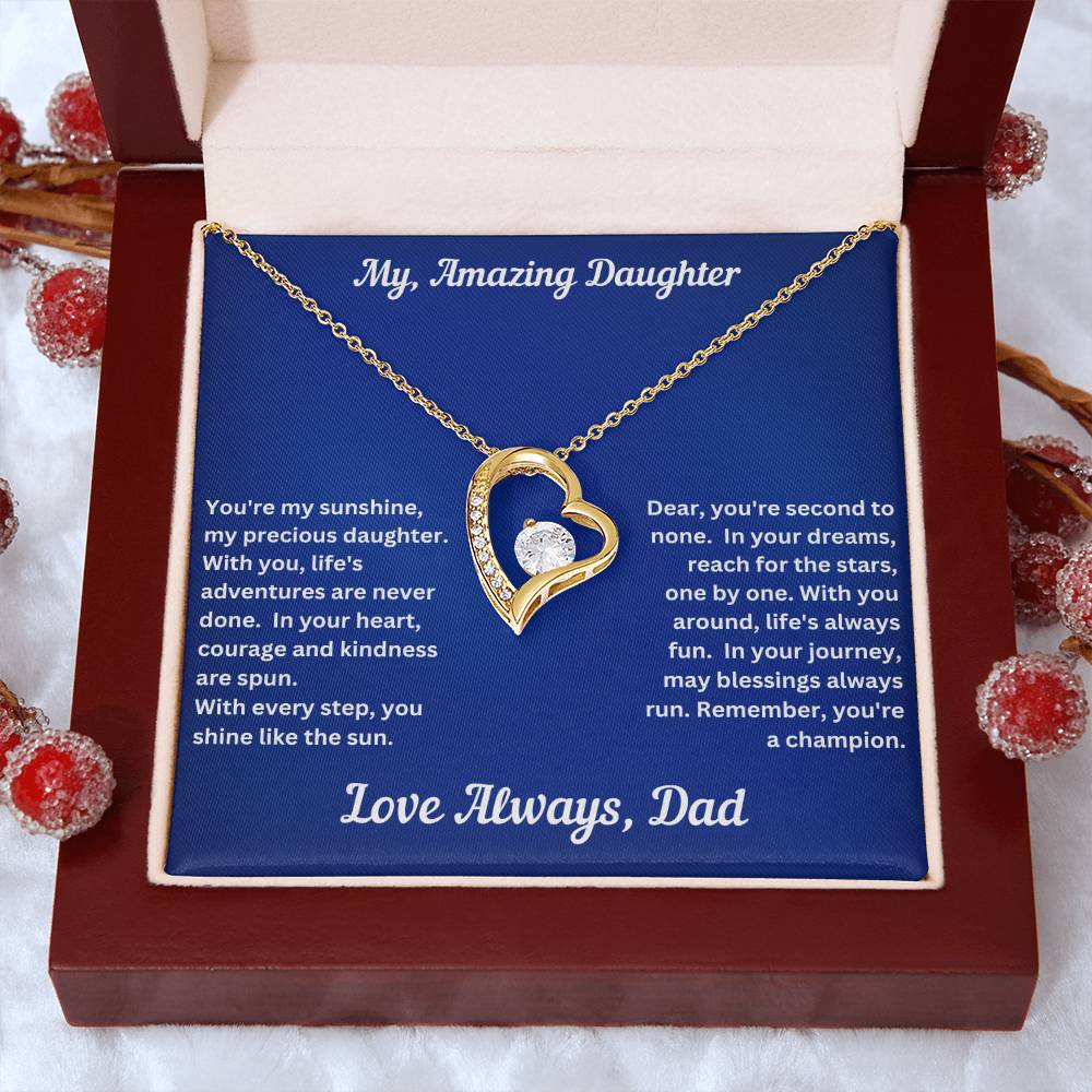 Daughter gift from dad with forever love necklace and unique message in a luxury box with props