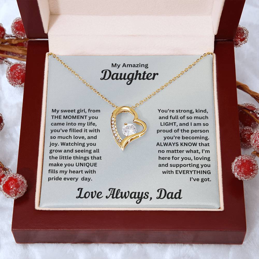 Dad to gift to daughter with Forever Love necklace and special sentiment in a luxury box with props