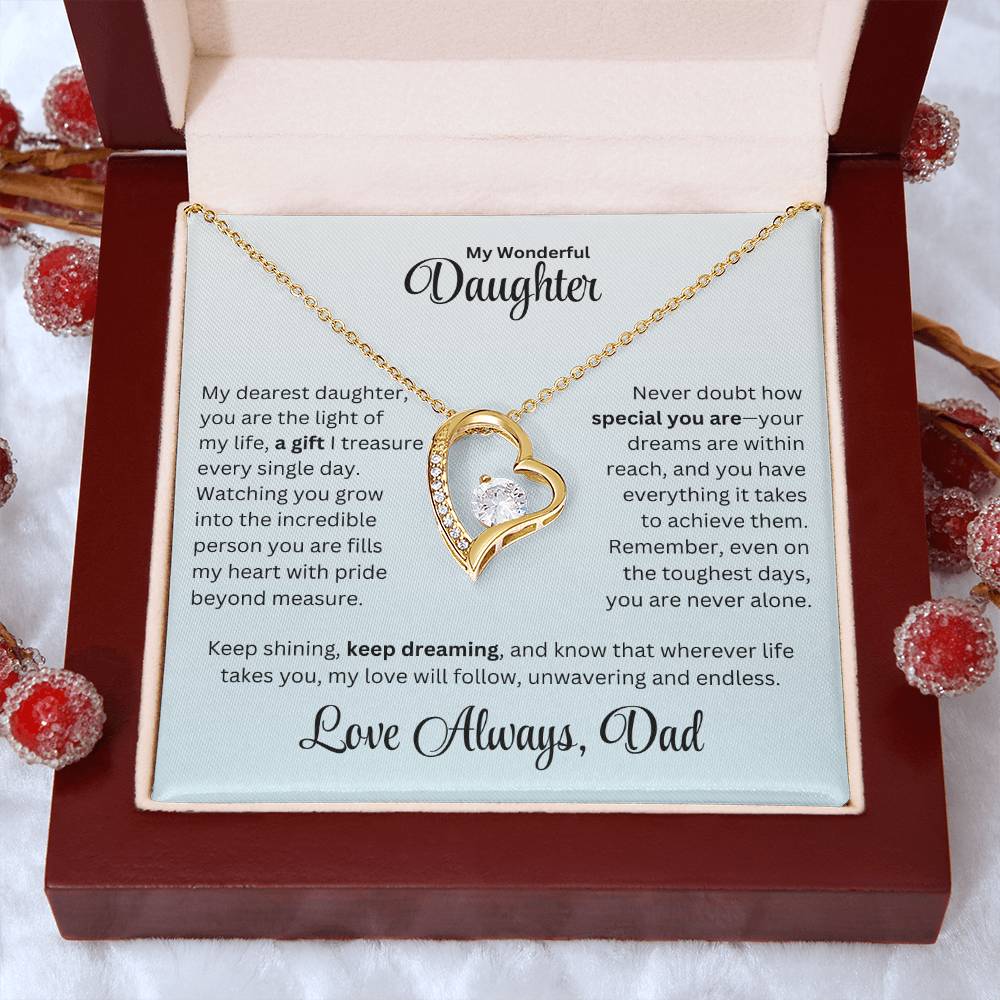 Daughter gift from dad with forever love necklace and special message in a luxury box with props