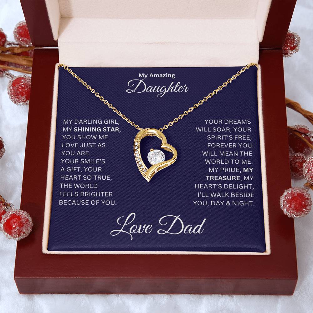 Daughter gift from dad with a Forever Love necklace and special message in a luxury box with holiday props