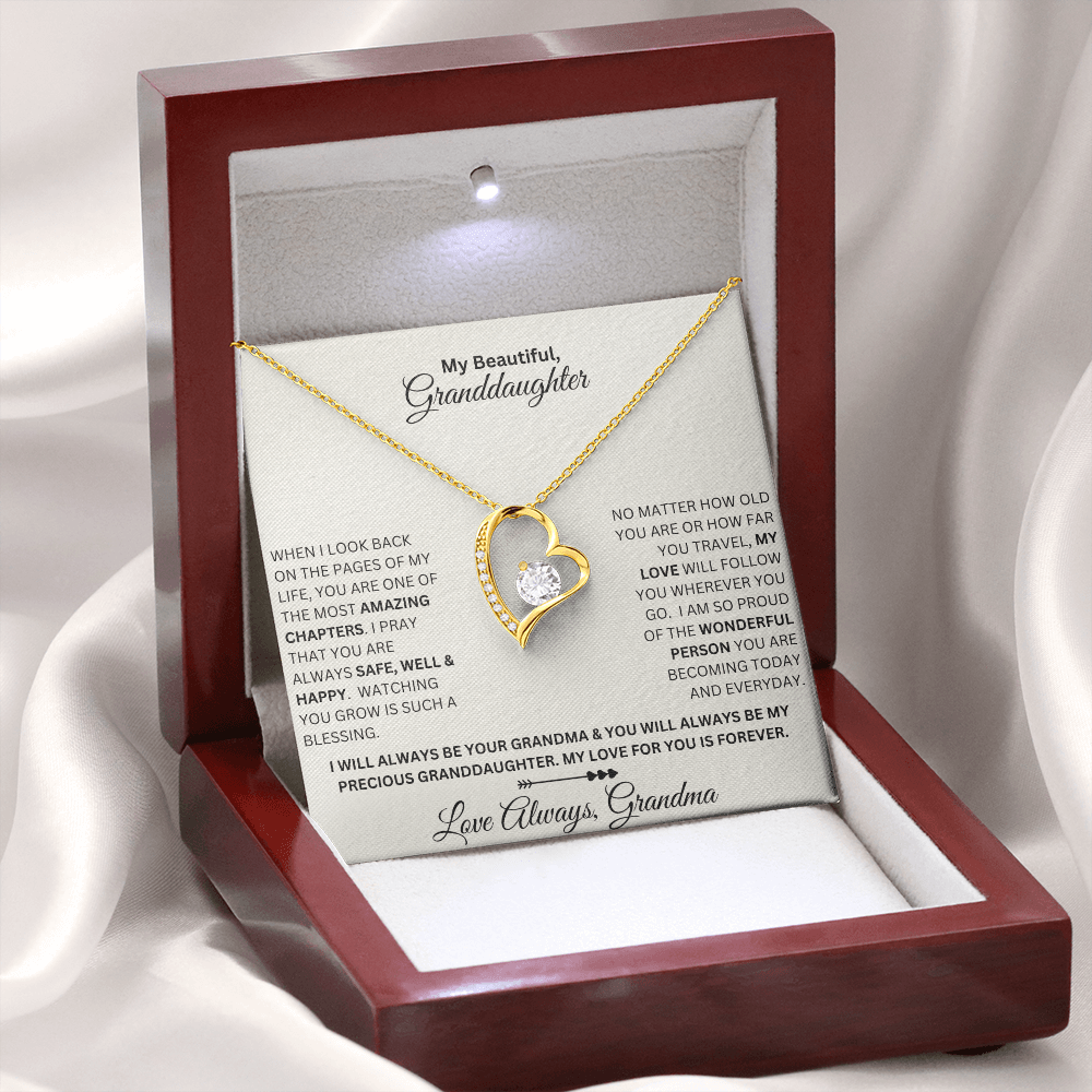 Granddaughter gift from grandma with forever love necklace and special sentiment in a luxury box with LED on