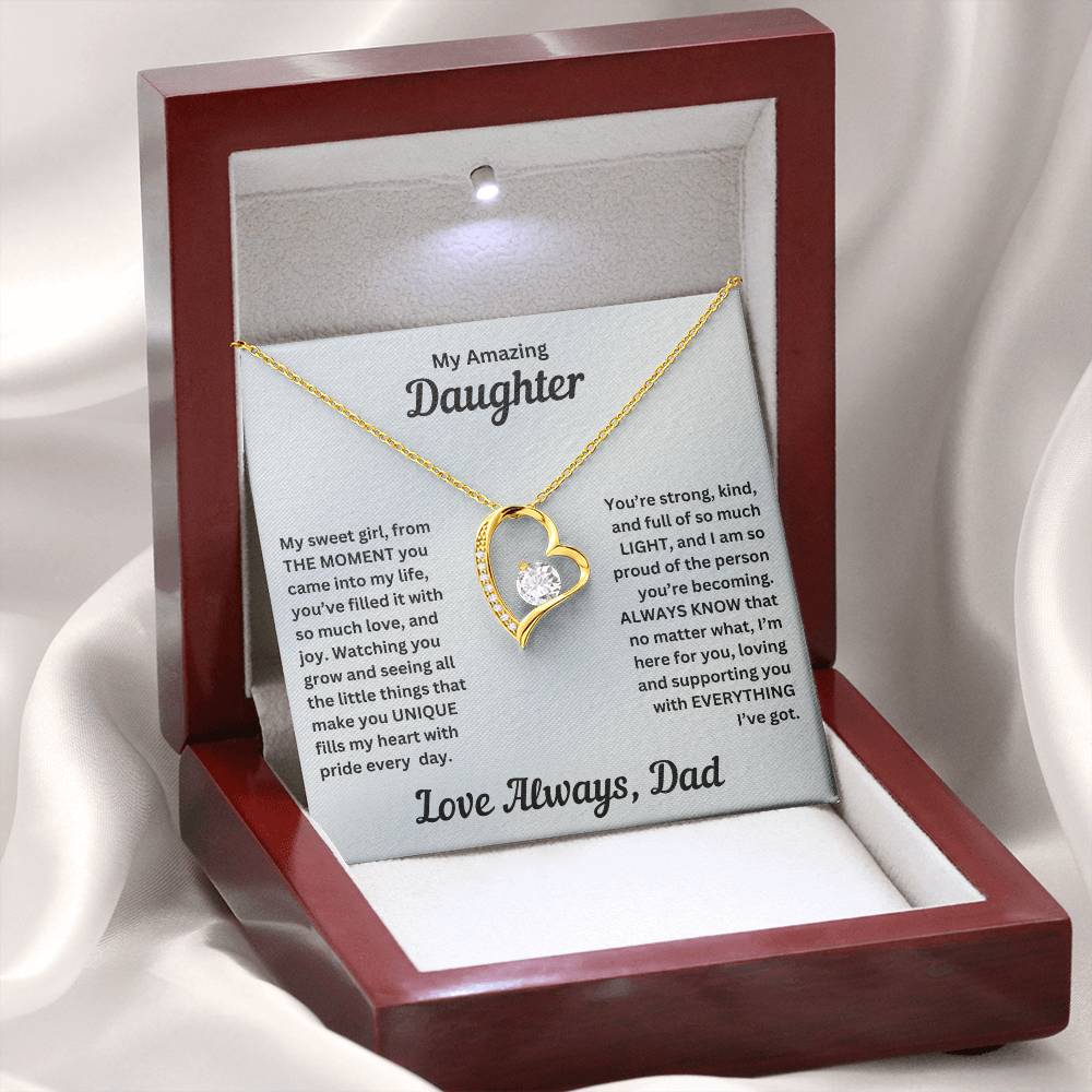 Dad to gift to daughter with Forever Love necklace and special sentiment in a luxury box with LED on