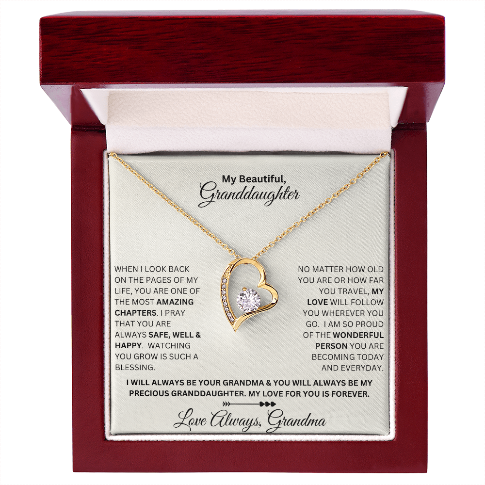 Granddaughter gift from grandma with forever love necklace and special sentiment in a luxury box