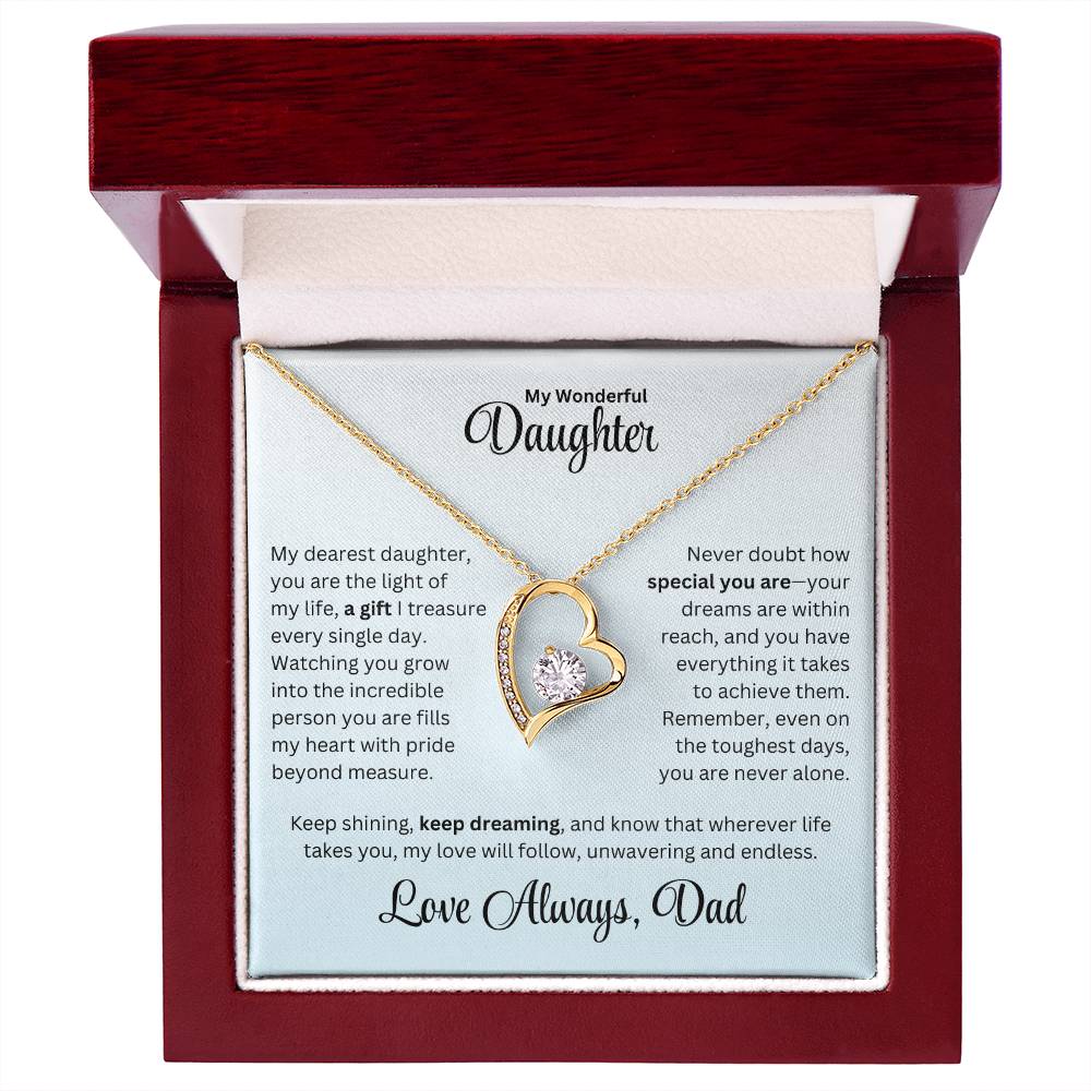 Daughter gift from dad with forever love necklace and special message in a luxury box