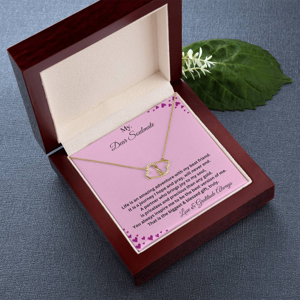 Soulmate Gift Everlasting Love Necklace WIth Message In Luxury Box  Side Angled And Above WIth Props