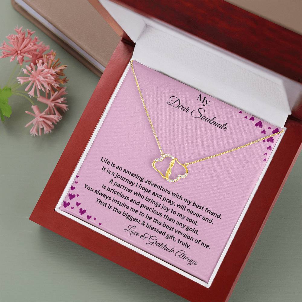 Soulmate Gift Everlasting Love Necklace WIth Message In Luxury Box  Another Angle With Flower Props