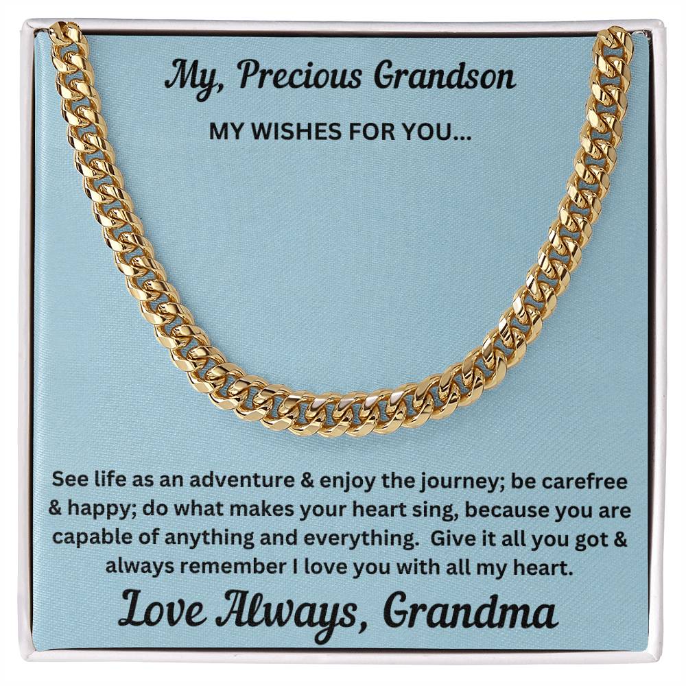 Grandson gift from grandma with cuban chain and special message in two tone box