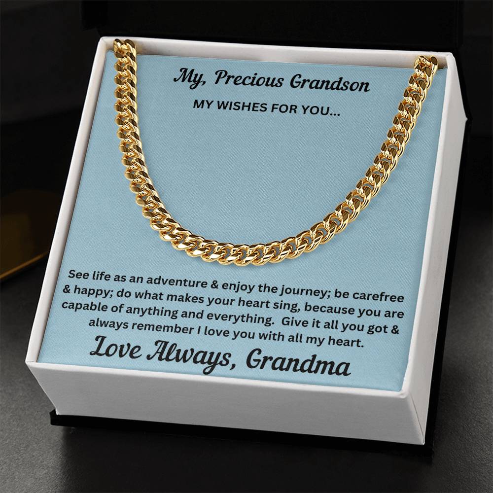 Grandson gift from grandma with cuban chain and special message in two tone box