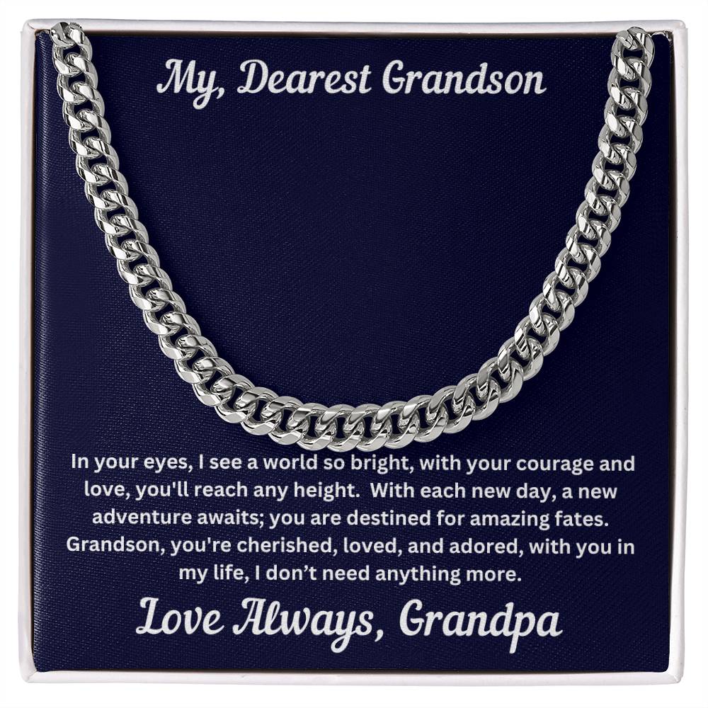 Grandson gift from grandpa with cuban chain and special message in two tone box