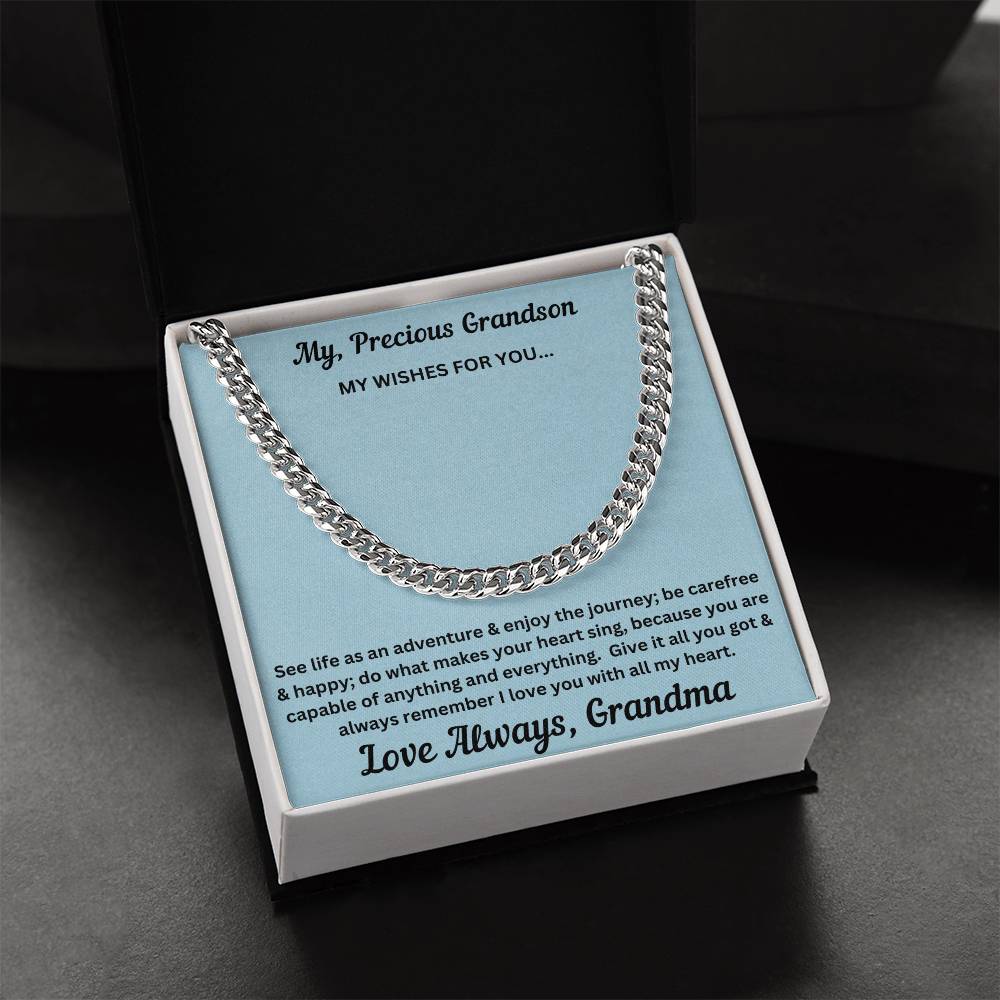 Grandson gift from grandma with cuban chain and special message in two tone box