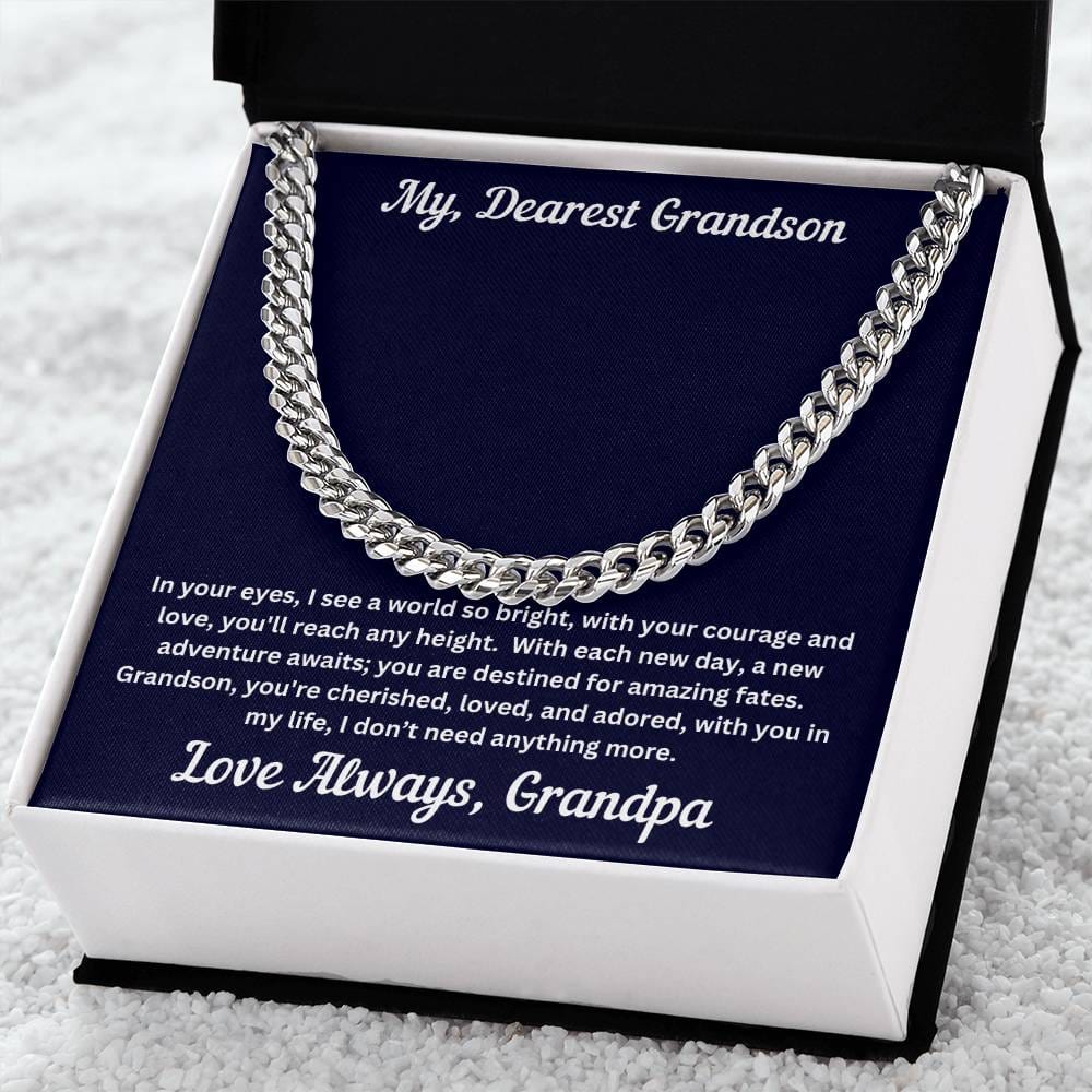 Grandson gift from grandpa with cuban chain and special message in soft box