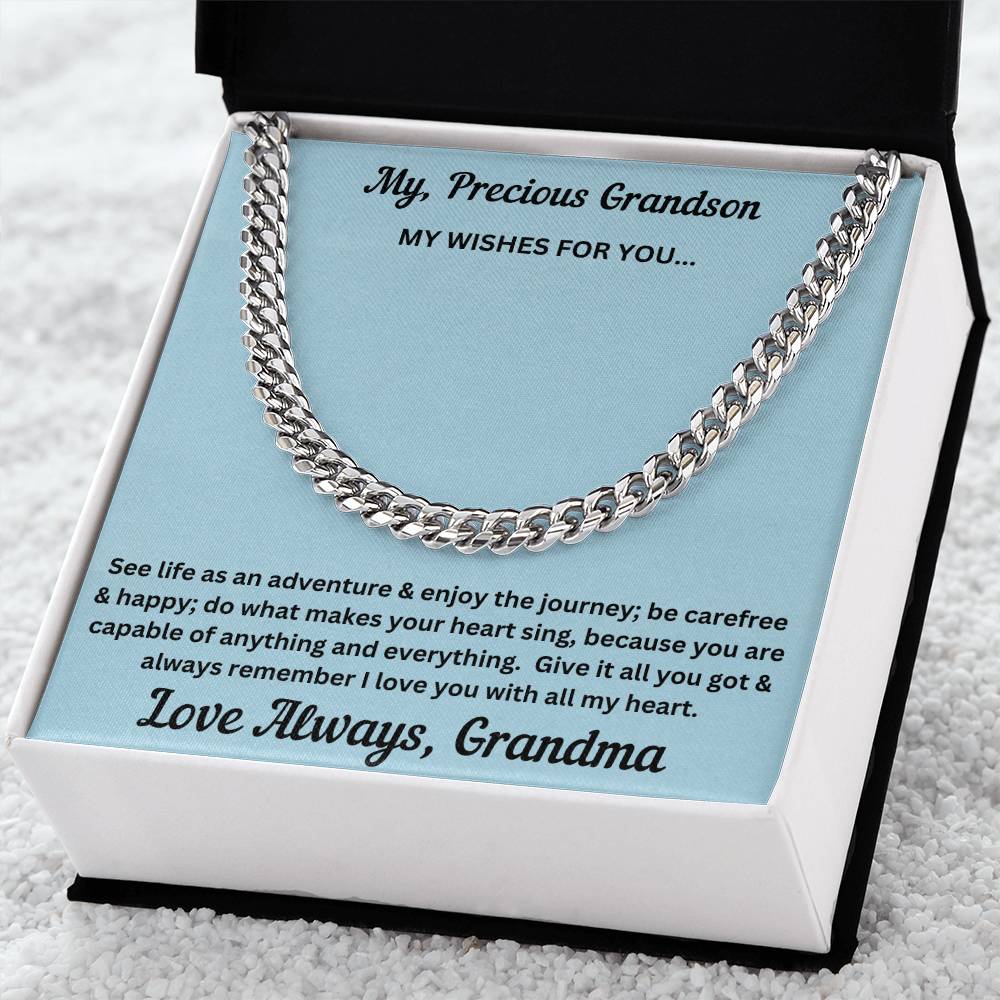 Grandson gift from grandma with cuban chain and special message in two tone box