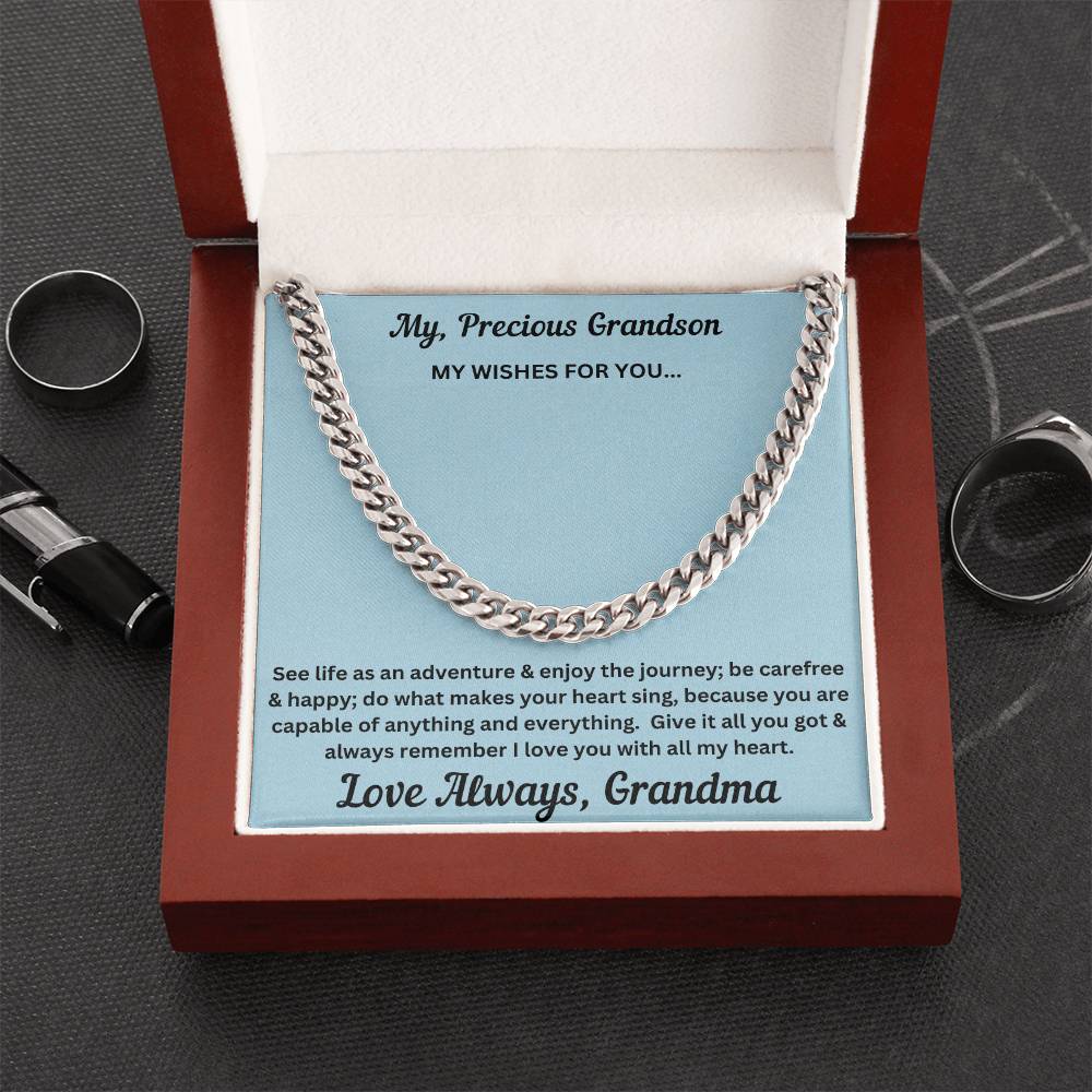 Grandson gift from grandma with cuban chain and special message in luxury box