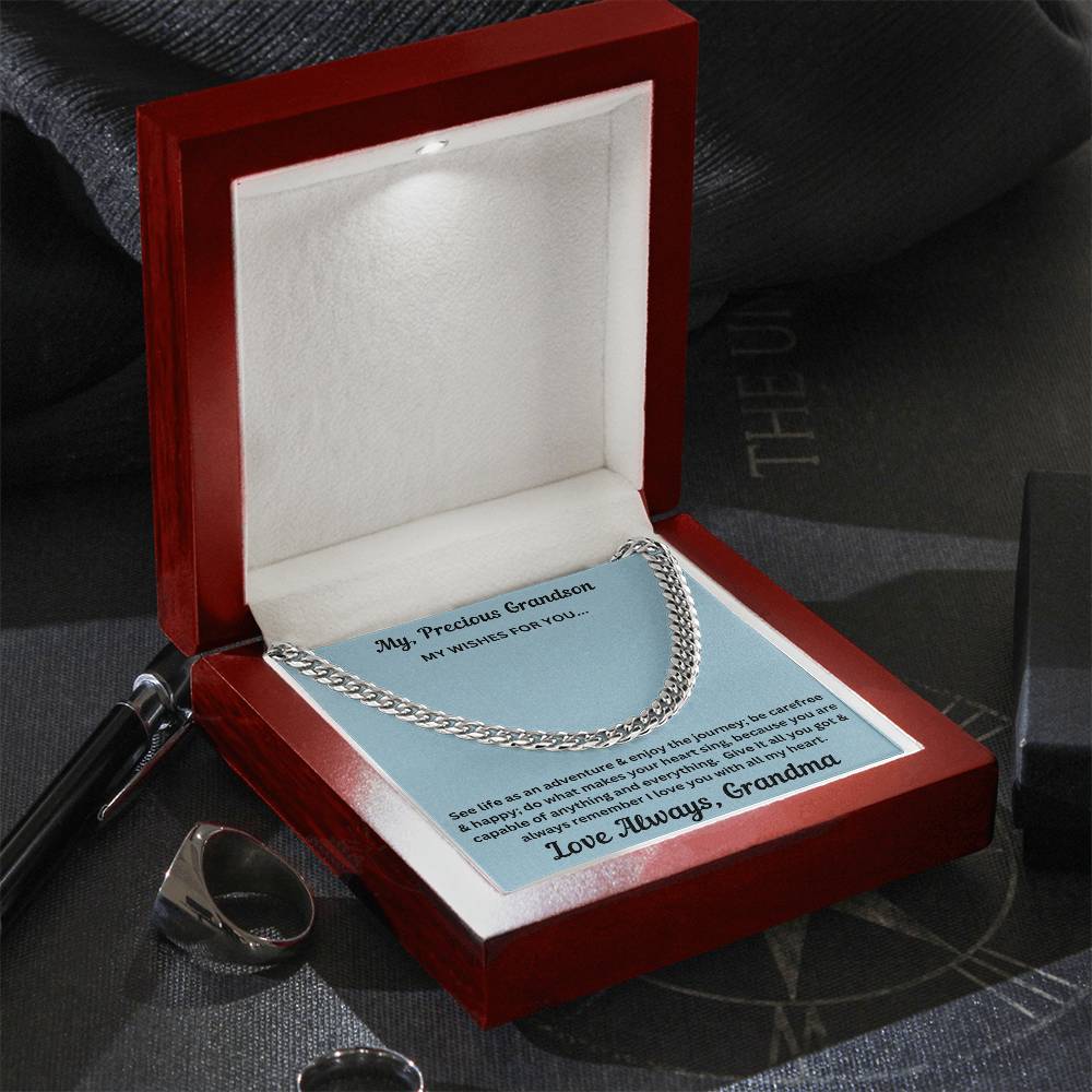 Grandson gift from grandma with cuban chain and special message in luxury box with LED on