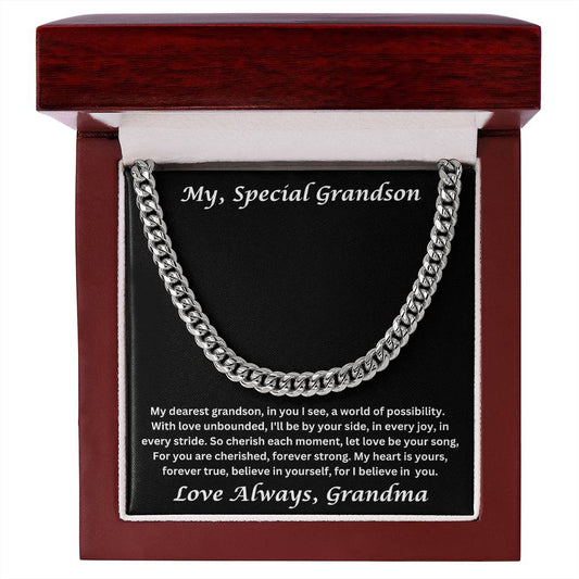 Grandson gift from grandma with cuban chain and special message in Luxury box with LED