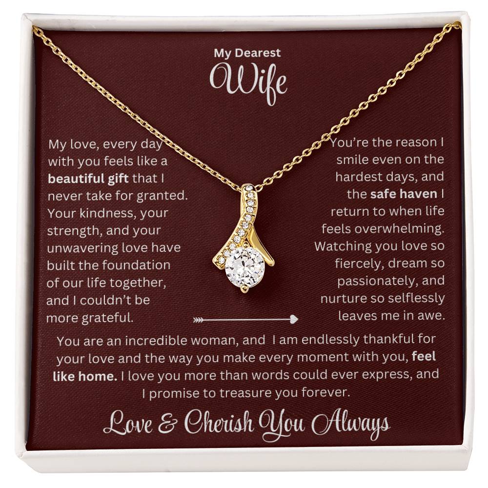 Wife gift with alluring beauty necklace and special sentiment in a standard box