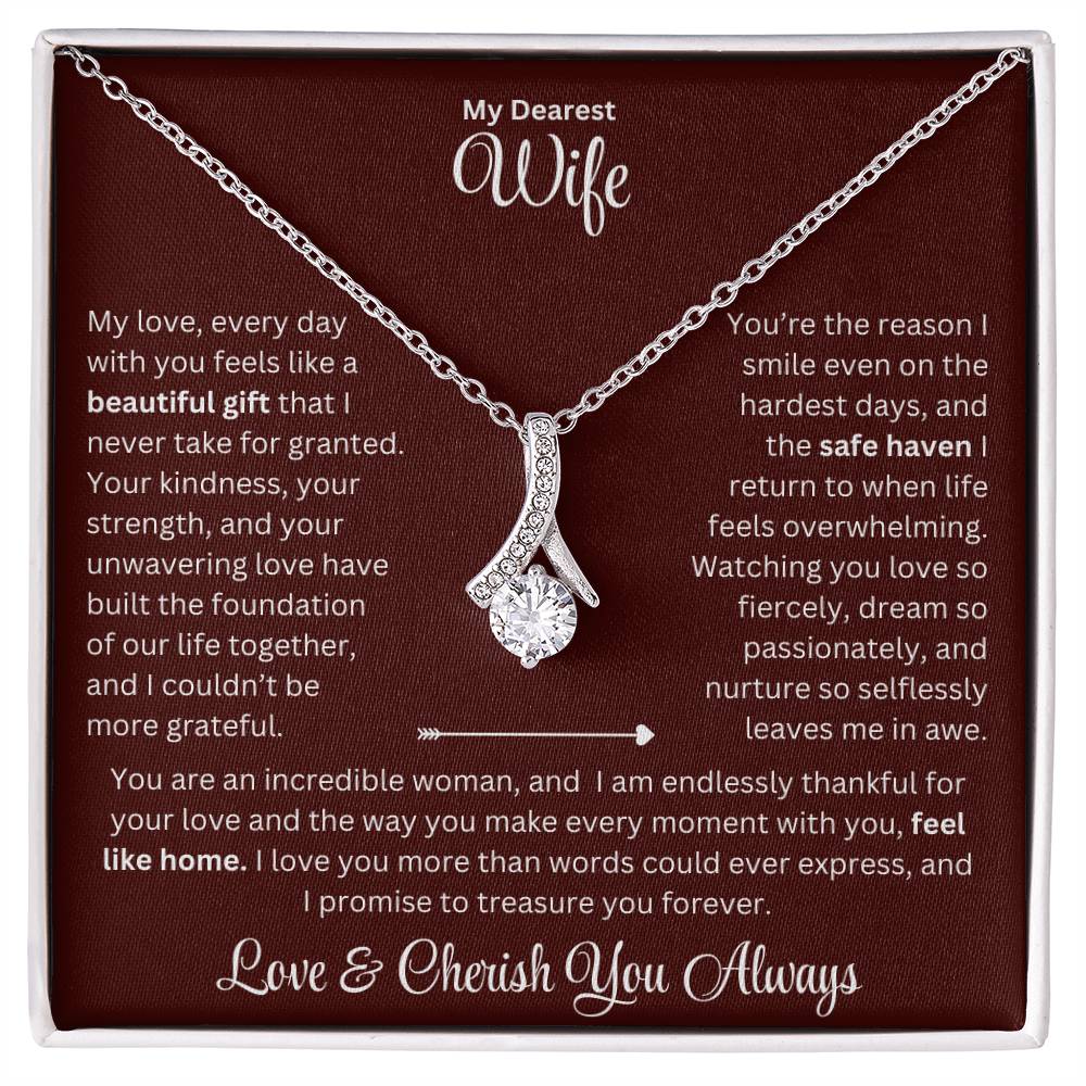 Wife gift with alluring beauty necklace and special sentiment in a standard box