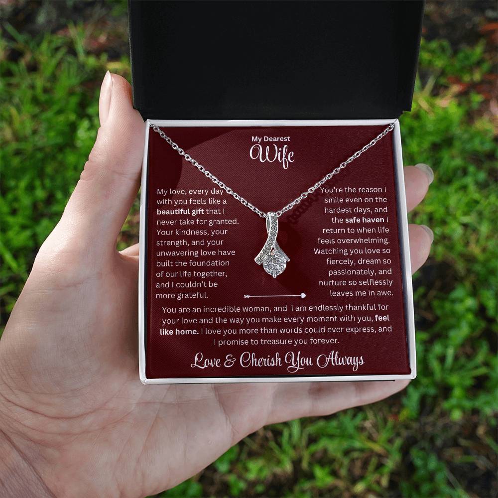 Wife gift with alluring beauty necklace and special sentiment in a standard box