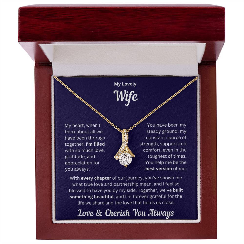 Wife gift with alluring necklace and special message in a luxury box