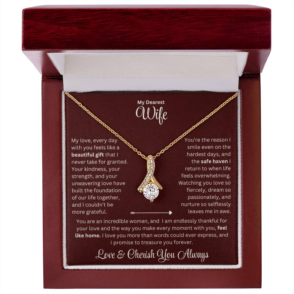 Wife gift with alluring beauty necklace and special sentiment in a luxury box 